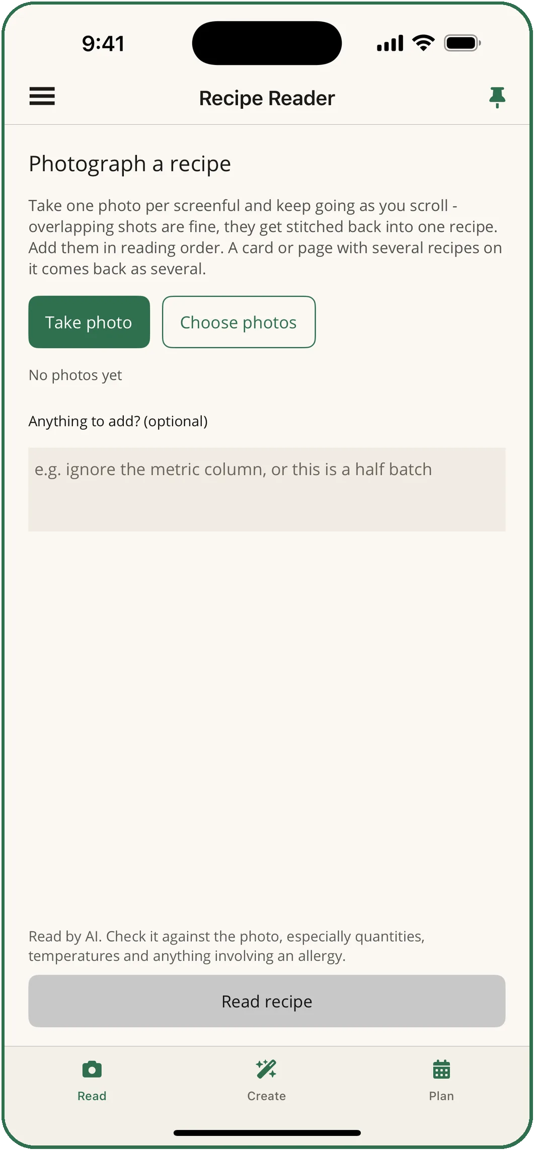 The Recipe Reader: Take photo and Choose photos buttons, a box for anything to add, and the note that the recipe is read by AI.