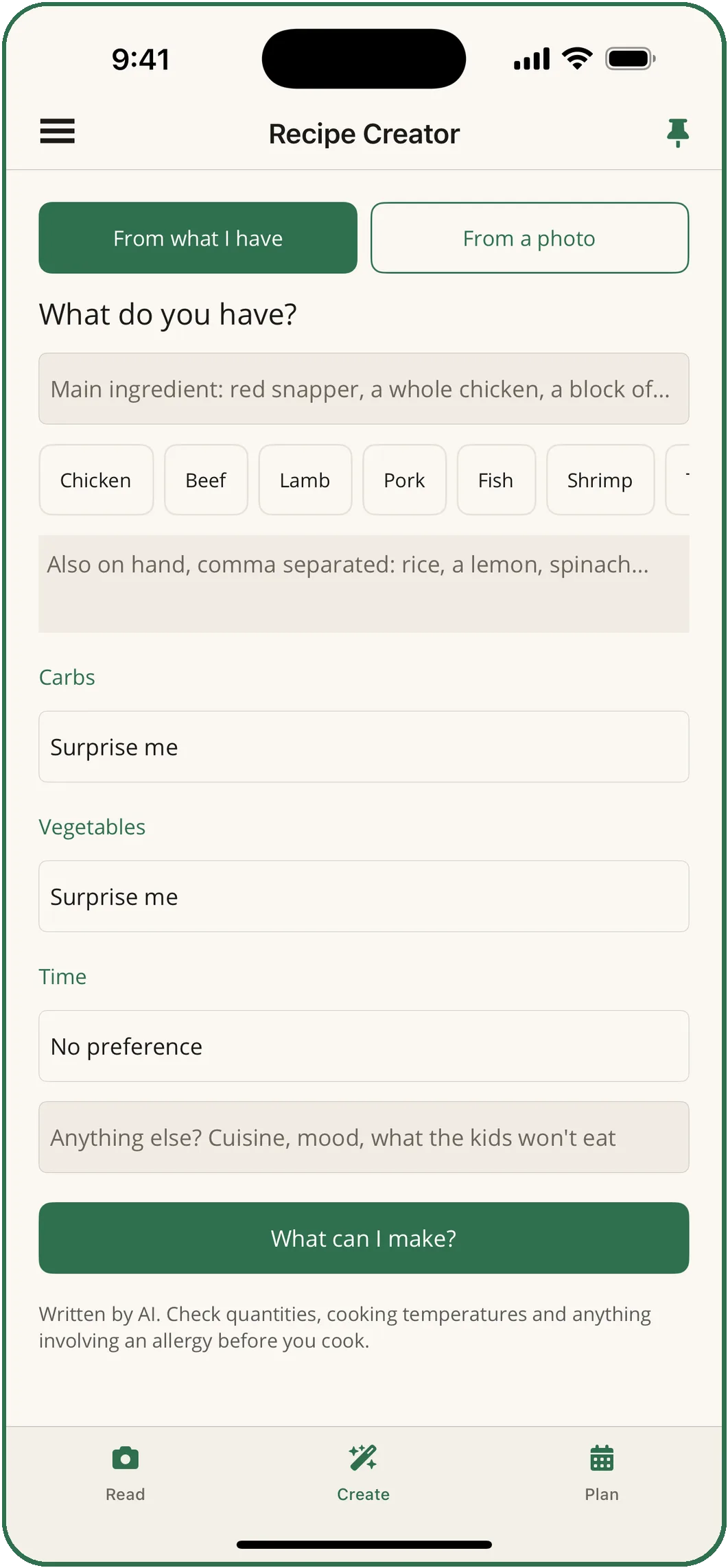 The Recipe Creator: a main ingredient, what else is on hand, carbs, vegetables and time, and a What can I make? button.