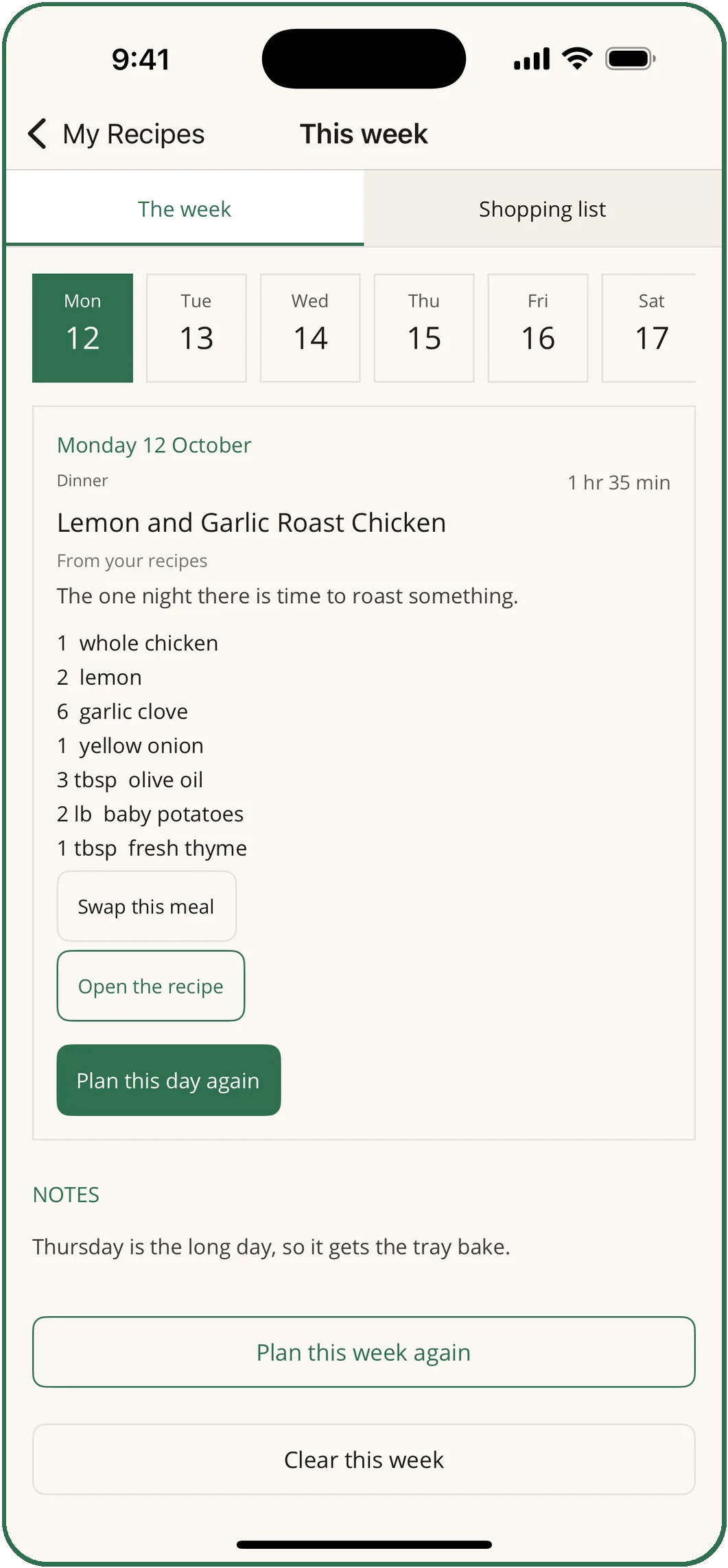 A planned week: Monday 12 October is Lemon and Garlic Roast Chicken from your recipes, with its ingredients and buttons to swap the meal or plan the day again.