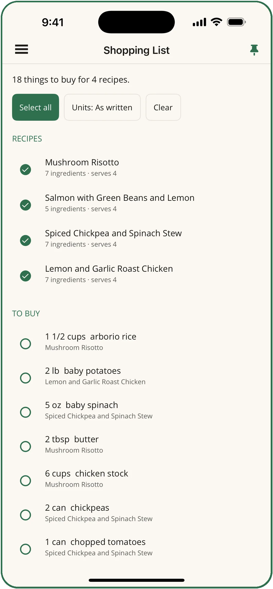 The Shopping List: 18 things to buy for 4 recipes, each item with the recipe it is for.