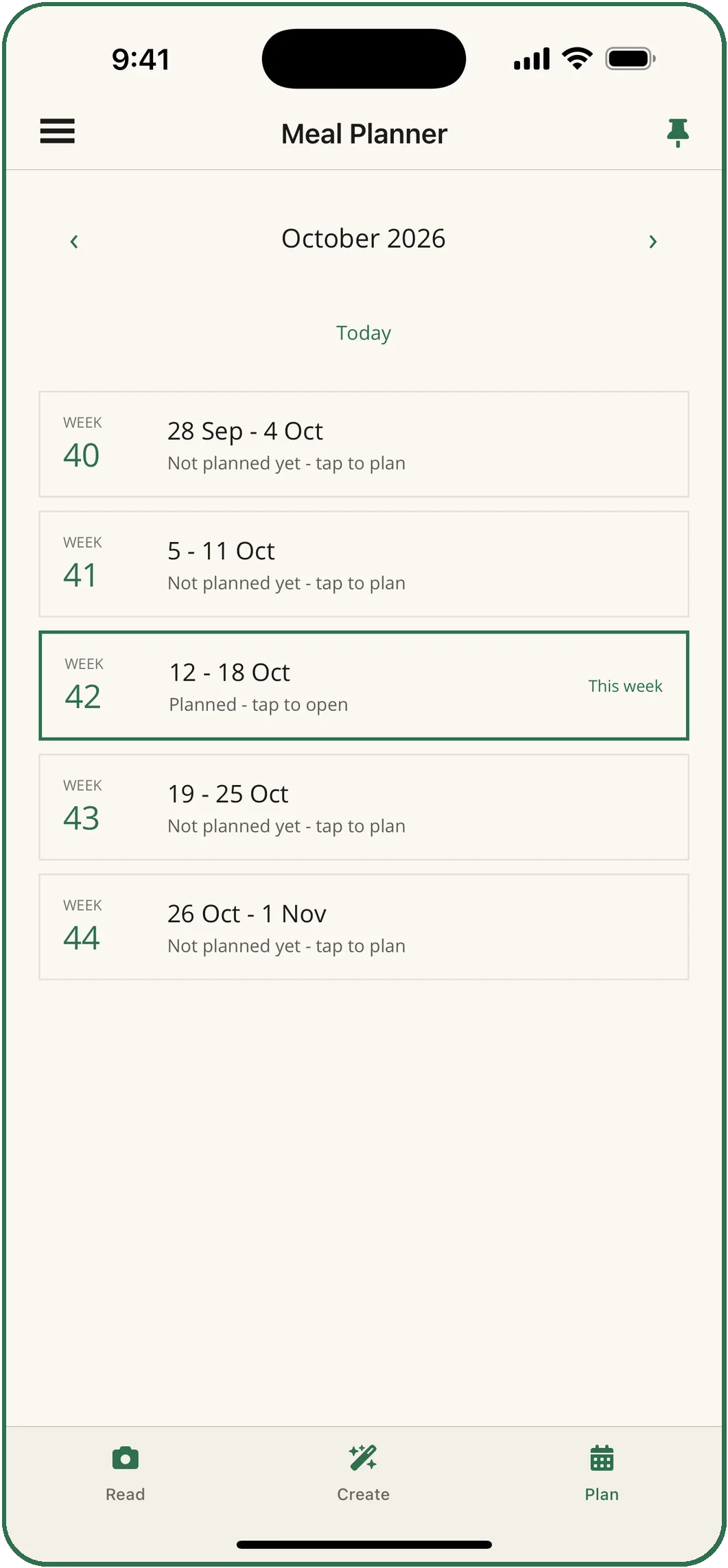 The Meal Planner calendar for October 2026, week by week, with week 42 planned.