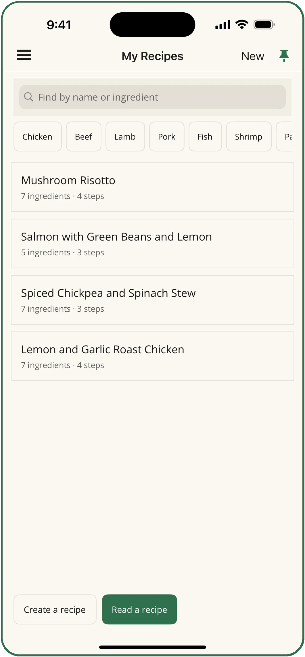 My Recipes: a search box, filters by main ingredient, and four saved recipes with their ingredient and step counts.